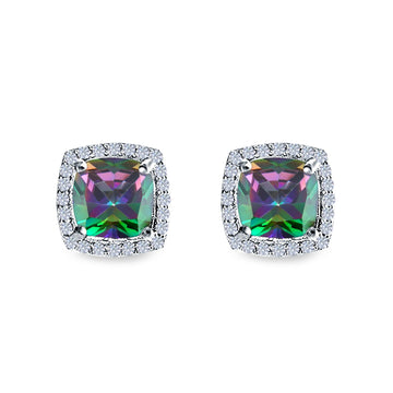 Cushion Cut Stud Earrings Simulated Rainbow CZ 925 Sterling Silver